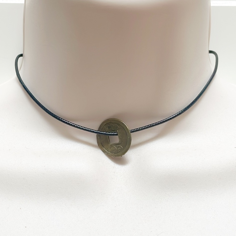 Handmade Asian coin medallion black adjustable length choker necklace